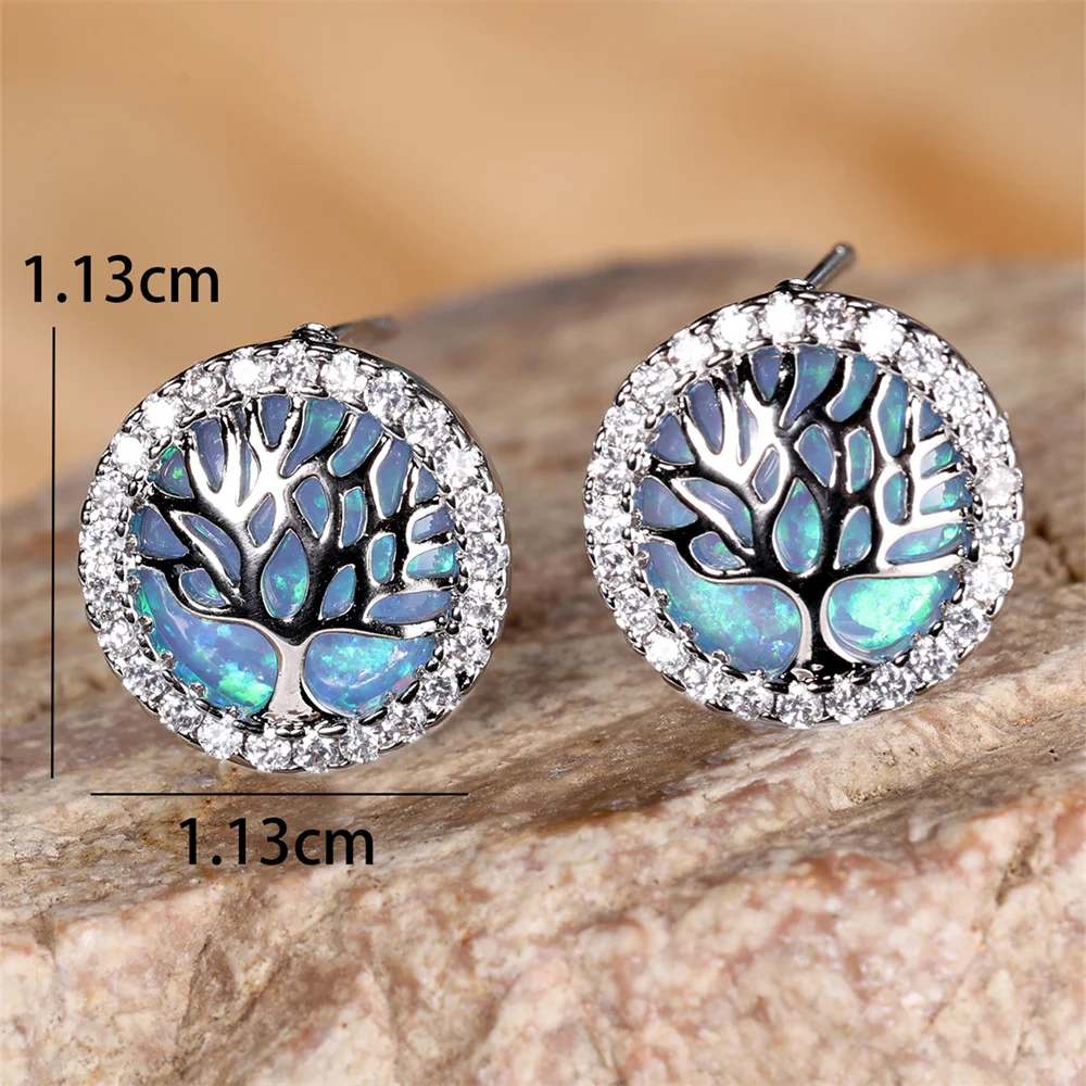 Blue Opal Round Stone Cute Life Tree Stud Earrings For Women Vintage Silver Color Wedding Jewelry Bridal Engagement Gifts