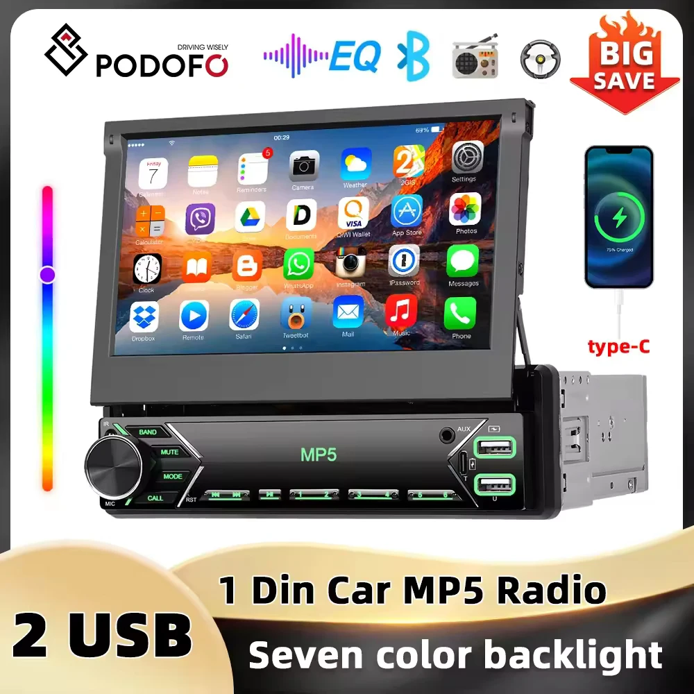 Podofo 7 'ręczne chowany ekran radia samochodowego 1din MP5 odtwarzacz Bluetooth FM MirrorLink AUX Audio USB i samochodowe Stereo portu typu C
