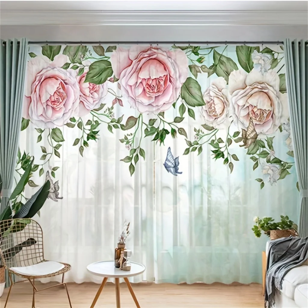 Purple Floral Flower Green Leaf Tulle Sheer Voile Window Curtains Blinds for Living Room Bedroom Home Decor Kitchen Door2Pcs