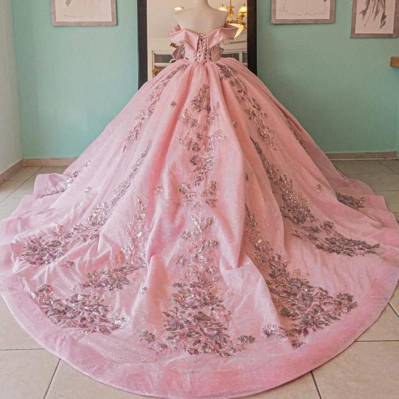 

Pink Sparkly Princess Off Shoulder Quinceanera Dresses Sweetheart Lace Applique Beads Sweet 16 Ball Gown Vestidos De 15 Años