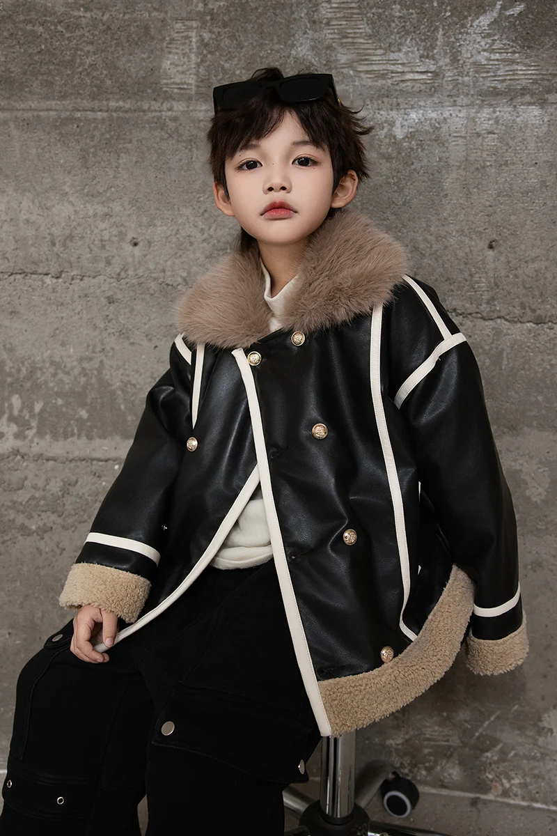 Boys Leather Jackets Clothing 2024 Autumn Children Faux Fur Zipper