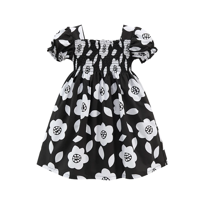2025 Summer Party Dress Baby Girls Kids Clothes Cartoon Flowers Black Dresses Children's Clothing Vestidos Cotton
