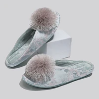 Satin Embroidery Flat Slippers Women Fashion Hairball Decoration Designer Shoes Cozy Lightweight Indoor Non-Slip Cotton Slippers