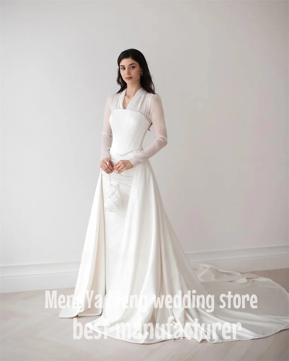 ZHUISHU Modest Ivory Mermaid Wedding Dress V Neck Full Sleeves Bridal Gown Customized Arabic Plus Size Corset Formal Gown 3