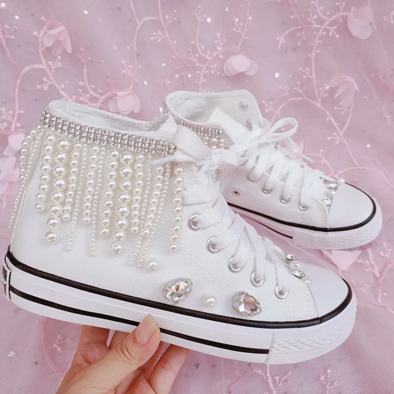Women New Heavy Duty Beads High Canvas  Fashion Pearl Diamond Casual shoes Size 35-44 Party Wedding Lady Shoes