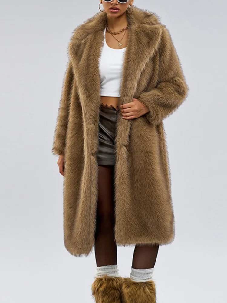 UCXQ Fashion Faux Fur Coat European Style Lapel All Match Covered Button Loose Casual Long Women's Coats 2025 New Winter 23C2945 2