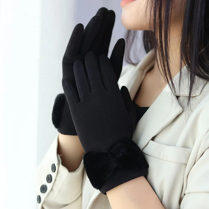 Winter Keep Warm Bow-knot Women's Gs Touch Screen Fashion Casual Plus Veet Mittens Outdoor Stretch Ridding Driving_voghion.com