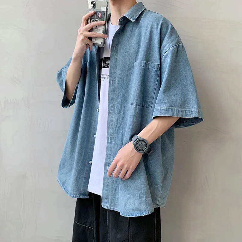 Summer Denim Shirt Men Short Sleeve Cargo Shirt Coat Loose University Handsome Top Clothes Cowboy Oversize denim shirt
