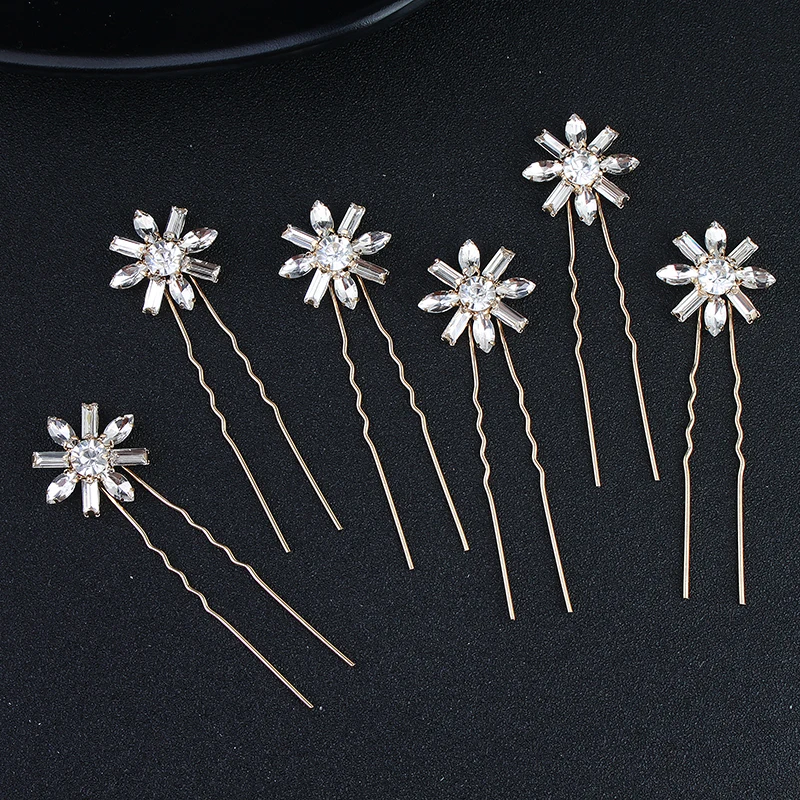 Fashion 6pcs/lot Bridal Hair Pin Flower Pattern Crystal Hair Combs Clear Rhinestones Stick Wedding Jewelry Accessories