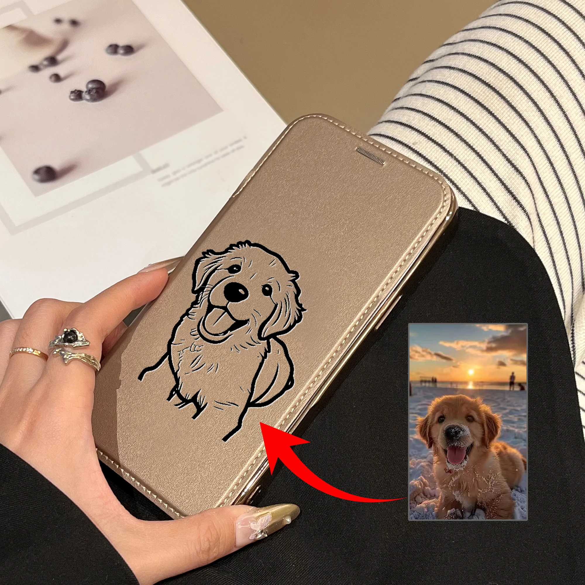 Personalized Luxury Flip Insert Card Faux Leather Custom Photo Sketch