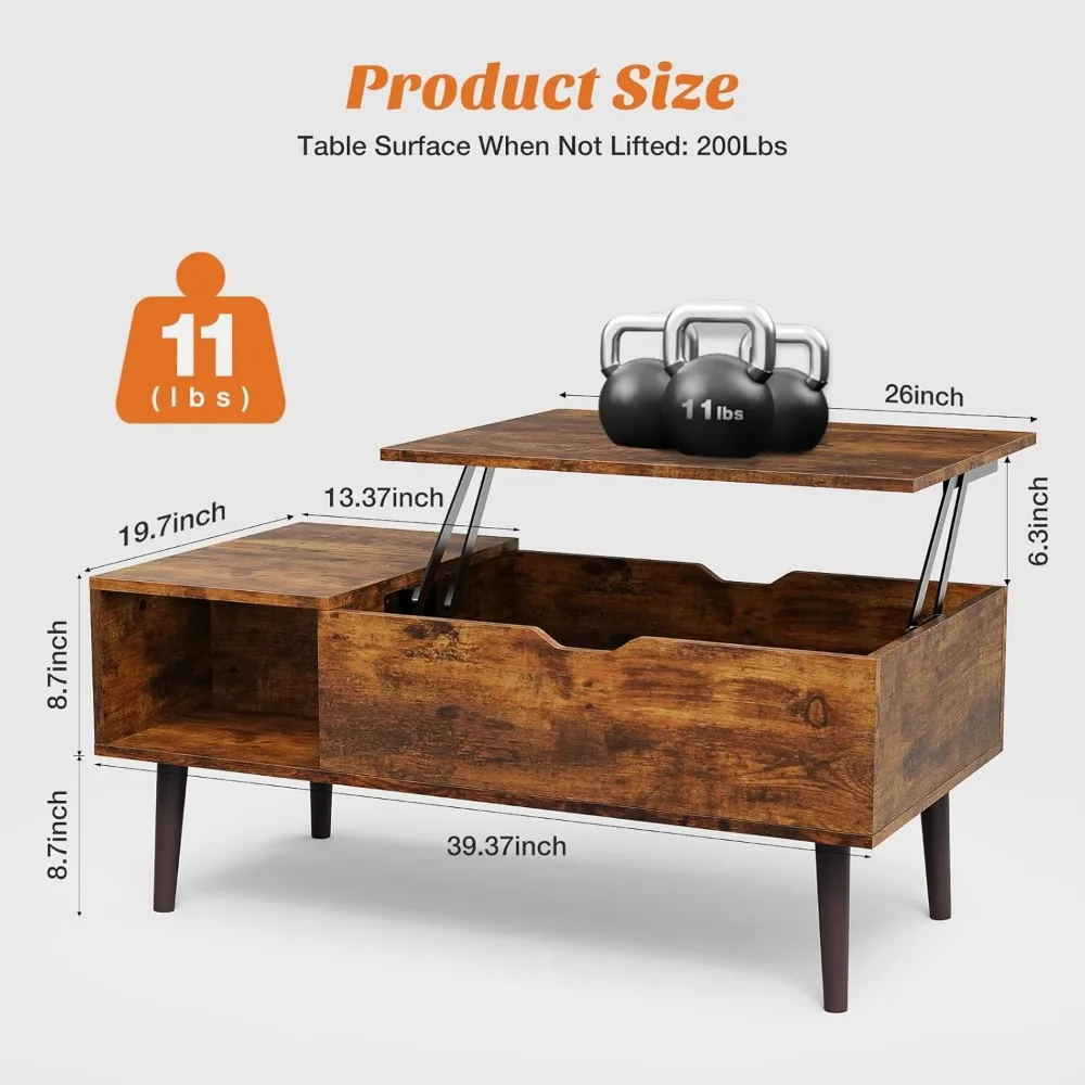 Lift Top Coffee Table for Living Room, Small Rising Wooden Dining Center Table with Storage Shelf, Café Tables 3