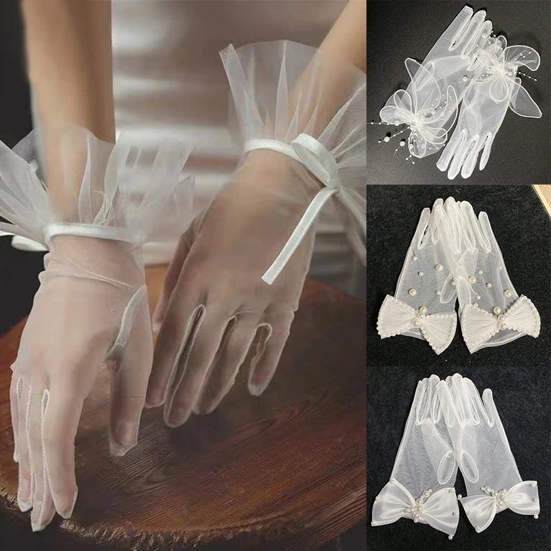 White Bride Gloves Bow Lace Mesh Gloves Sheer Tulle Bridal Gloves Full Finger Mittens Women Cosplay Party Wedding Accessories