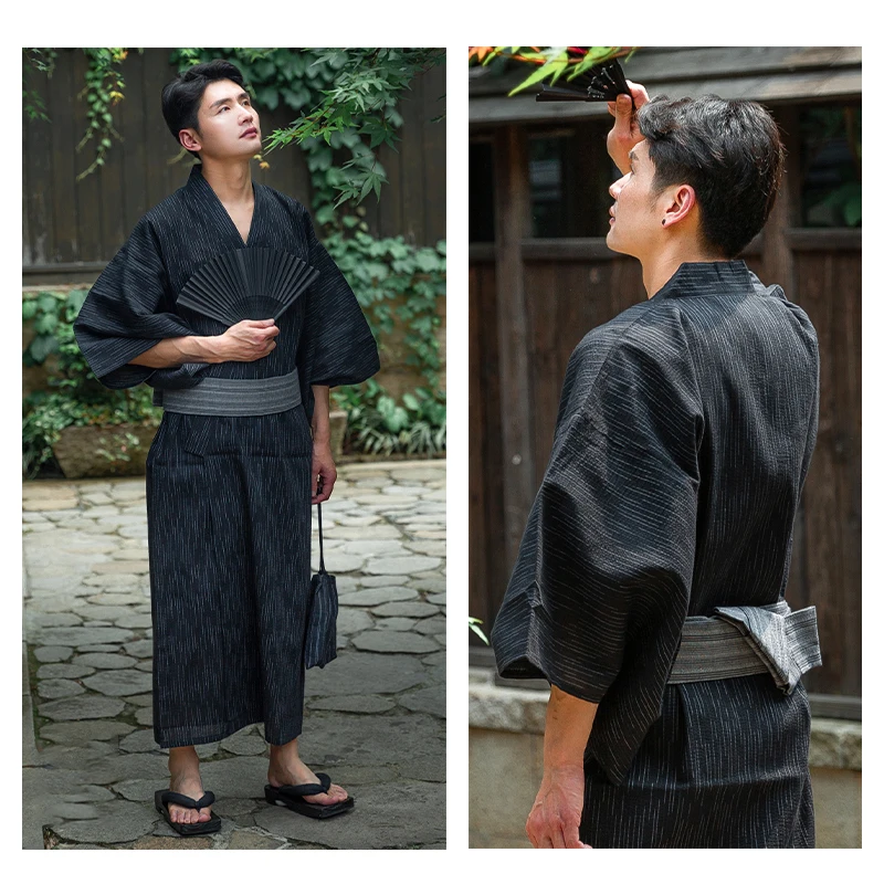 Traditional Japanese Kimono Samurai Costume Yukata Summer Men Long Robes With Belt Cotton Pajamas Set Male Sleepwear Bathrobe