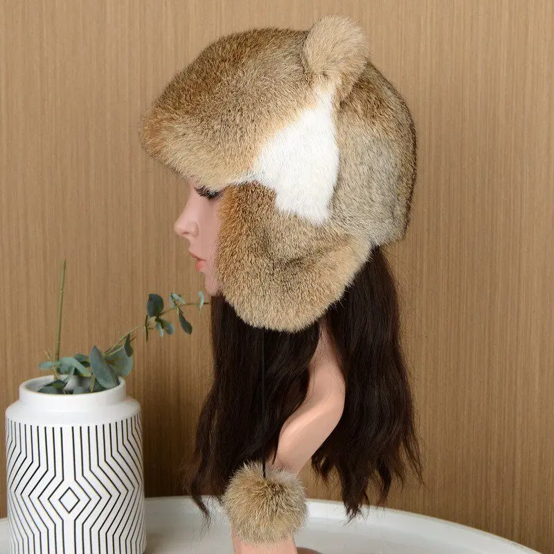 Winter Echte Kaninchenfell-Mützen für Frauen Russische Uschanka-Kappe Unisex Warme Schneemütze mit Ohrenklappe – Detail 5