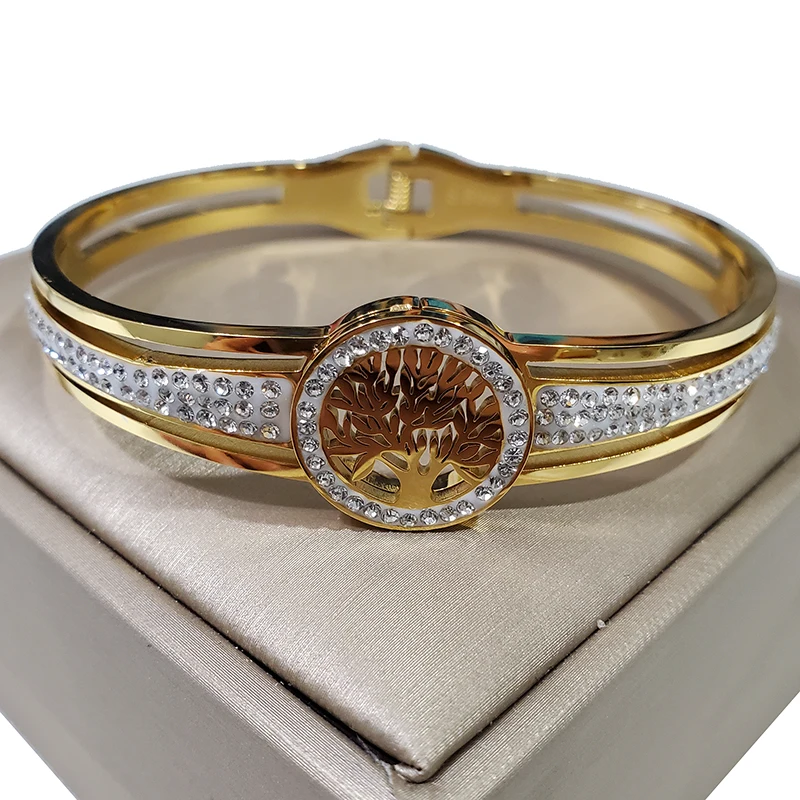 316L Stainless Steel Retro Green Crystal Female Senior Roman Digital Tree Of Life Zircon Bracelet Ladies Jewelry Bangle 6