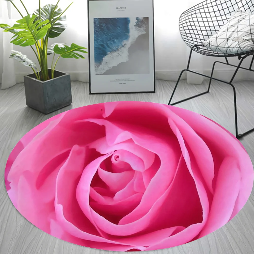 

CLOOCL New Flannel Round Carpet Beautiful Rose Area Rug Living Room Bedroom Anti-slip Foot Mat Elegant Ladies Room Decor