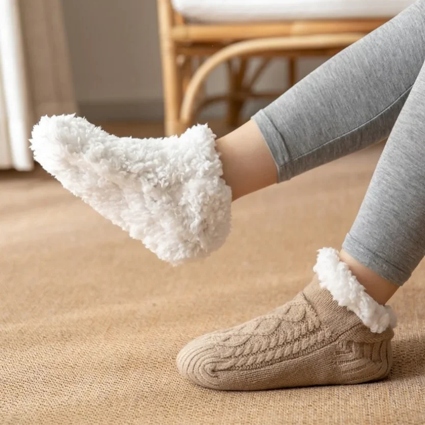fuzzy Socks Mens Winter Short Cotton Thickened Home Sleeping Soft Anti slip Floor Sock Fluffy Male Casual 2024 New Thermal Warm