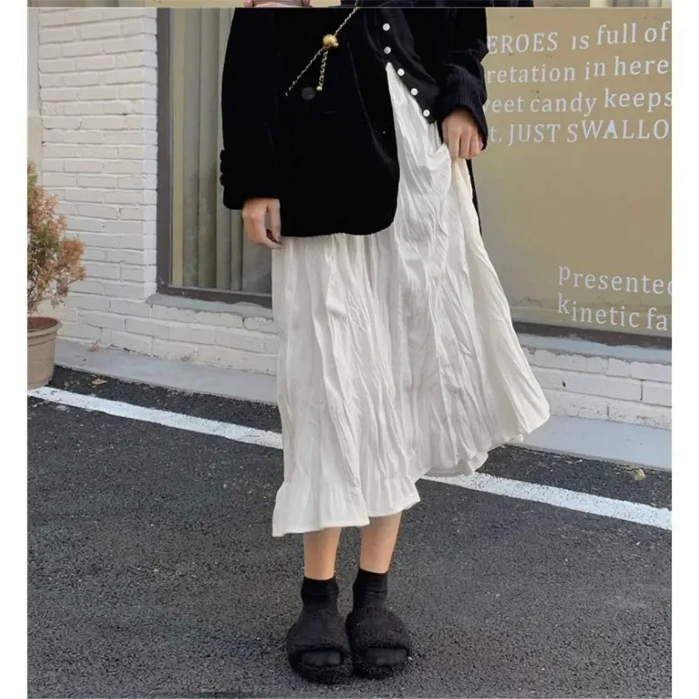 Japanese Elegant Irregular Wrinkled Long Skirt Women High Waist Wrinkled Black White Pleated Skirt 2022 Korean Gothic Midi Saia
