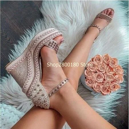 

Champagne Rivets Cover Heel High Platform Braided Wedges Sandals Women Summer Studded Wrapped Ankle Buckle Strap High Heel Shoes