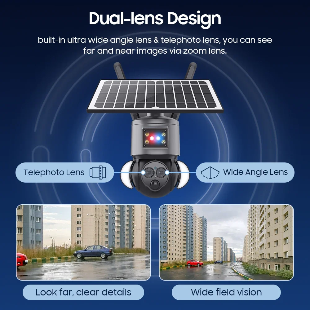 4K 8MP Solar PTZ Camera WIFI Dual Lens Security CCTV 12XZoom Humanoid Tracking Record 4G SIM Outdoor wireless Surveillance Cam