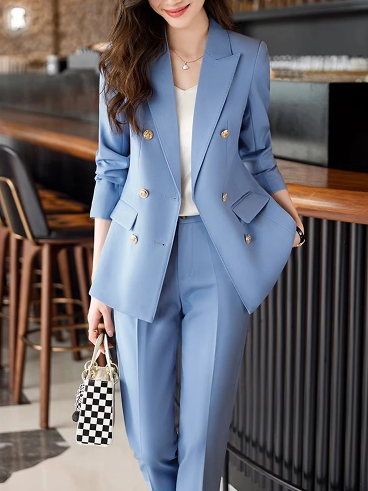QOERLIN Two Pieces Suits Blazer and Pants Black Stylish Elegant Office Ladies Slim Solid Beige Ankle-Length Trousers Jacket Coat
