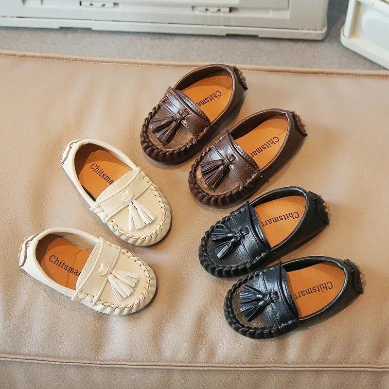 Children Casual Flats Kids Leather Shoes Slip-on with Tassel Classic Fashion Boys Girls Loafers Moccasins New Soft 21-35