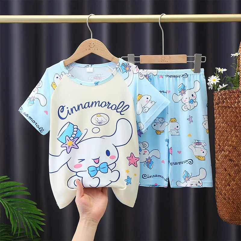 

2024 Summer Kawaii Sanrios Kuromi Pajamas Set Cute Anime Cinnamoroll My Melody Children Sleepwear Boys Girls Home Clothes Gifts