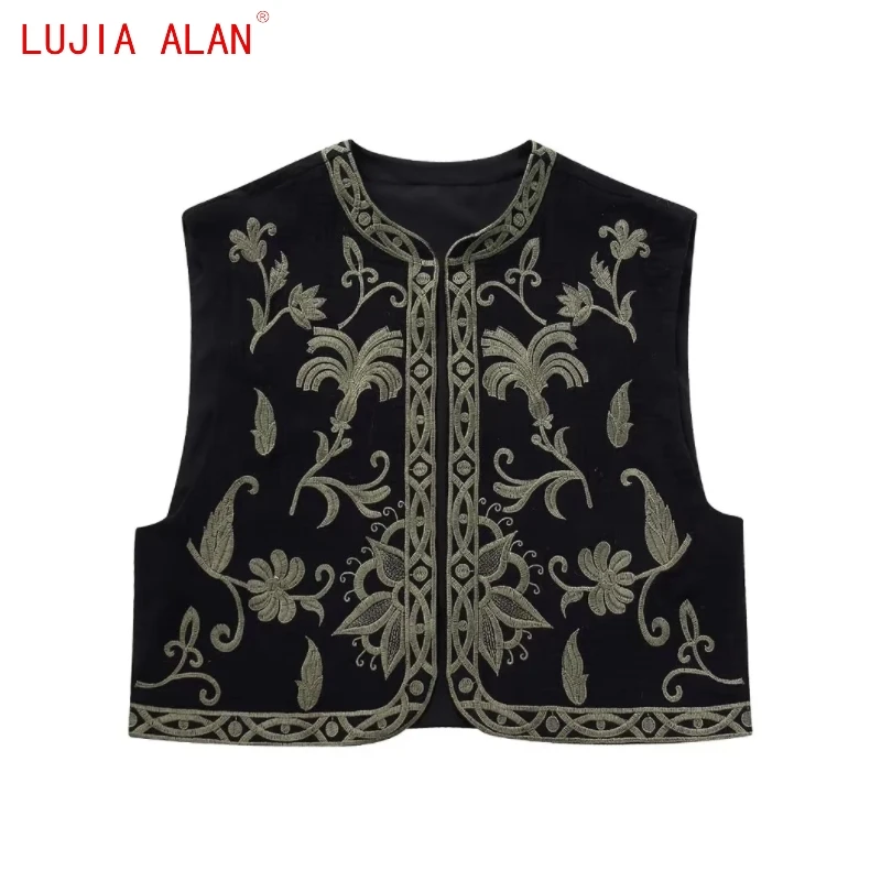 

Autumn New Women Flower Embroidery Short Vest Cardigan Coat Female Casual Sleeveless Loose Tops LUJIA ALAN C2006