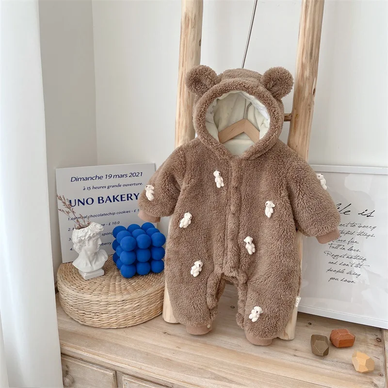 

Ins Winter Infant Boy Plush Bodysuit Newborn Boy Fluffy Hooded Thickened Jumpsuit Baby Boy 3D Bear Printed Warm Outerwear Romper