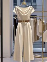 Elegant European and American style satin jumpsuit with pile collar and wide legs for women