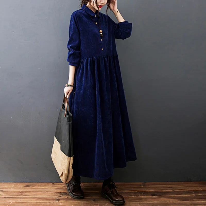 

#4092 Black Red Blue Corduroy Derss Women Polo Neck Buttons High Waisted Woman Dress Loose Retro A-line Dress Ladies Winter 2023