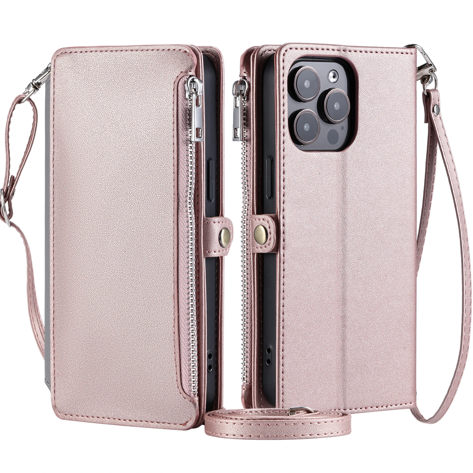 Crossbody Zipper Wallet Case with Multi Card Slots and Leather Lanyard Flip Cover