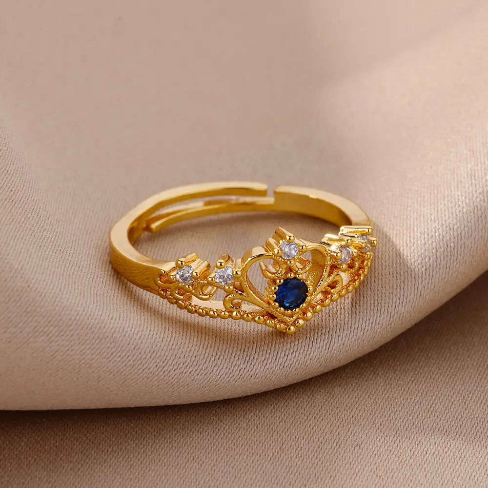 Blue Zircon Crown Rings For Women Stainless Steel Adjustable Ring