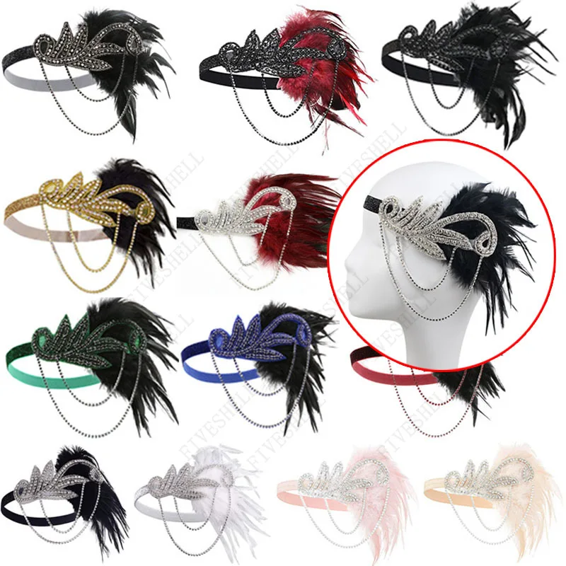

1920s Headband Cosplay Props Charleston Costume Accessories Nude Flapper Headpiece Great Gatsby Feather Beaded Headband for Lady