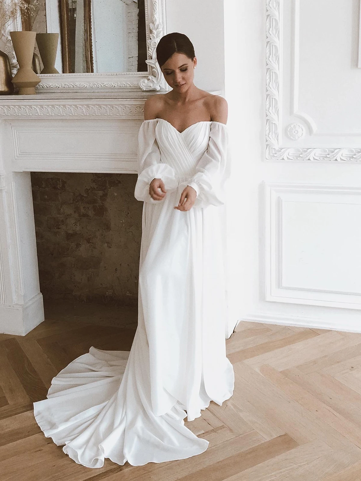 VIKTORIA Off Shoulder Ruched Chiffon Long Bishop Sleeves Wedding Dress V-neck Custom Made A-Line Buttons Bridal Gown Custom Made plus size wedding dresses