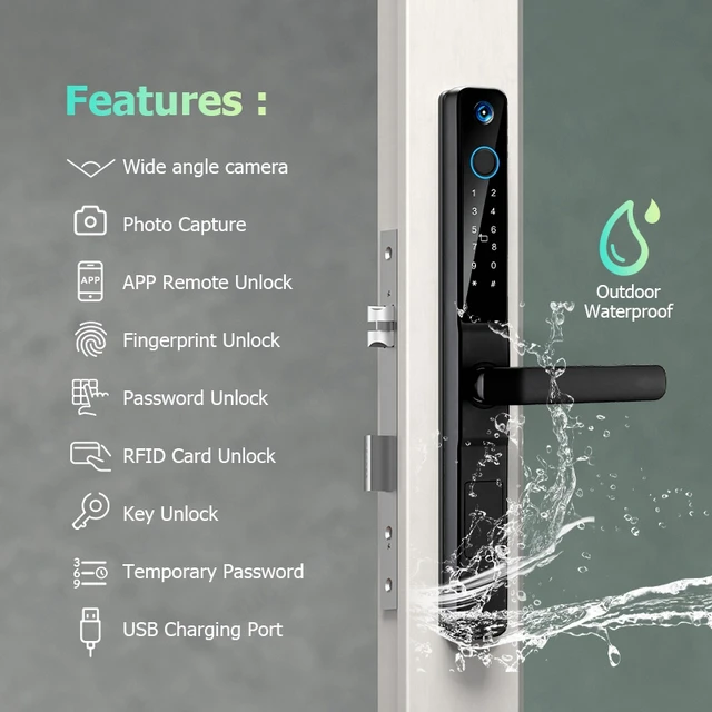 Smart Lock with Camera Door Viewer Waterproof IP66 Tuya WiFi Fingerprint Password Sliding RFID Card Sliding Electronic Door Lock 2