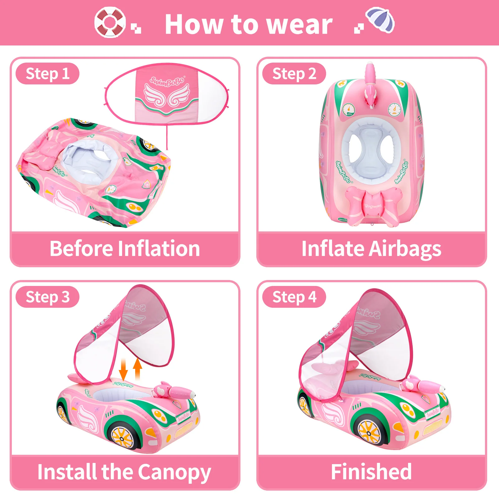Swimbobo Pink Girl Kids Inflatable Children Swimming Seat Boat Floating Water Gun Toddler Water Toy Baby Ring Float With Canopy 6