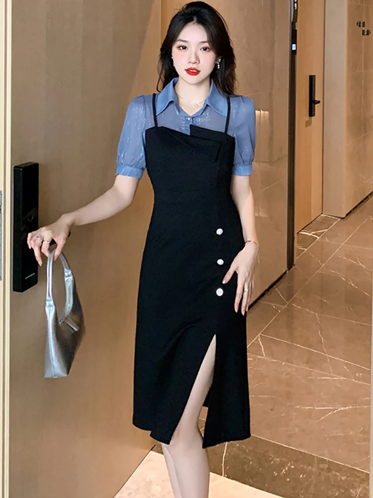 2025 Black Patchwork Blue Polo Collar Midi Shirt Dress Women Elegant Casual  Office Lady Dress Summer Fashion Bodycon Party Dress - AliExpress 2025 Black Patchwork Blue Polo Collar Midi Shirt Dress Women Elegant Casual Office  Lady Dress Summer Fashion Bodycon Party Dress - AliExpress