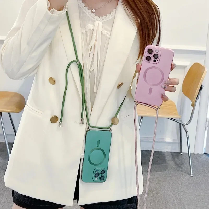 Magnetic Crossbody Shockproof Phone Case with Matte Finish and Lanyard Strap