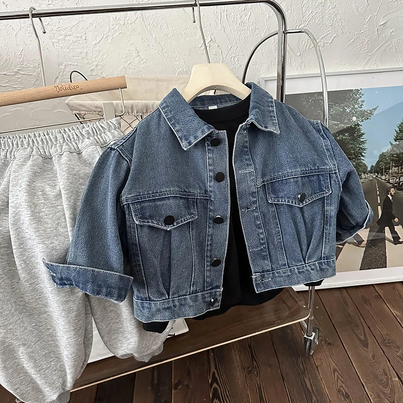 

Spring Autumn Kids vintage denim jacket Boys turn-down collar loose casual coat Girls outerwear