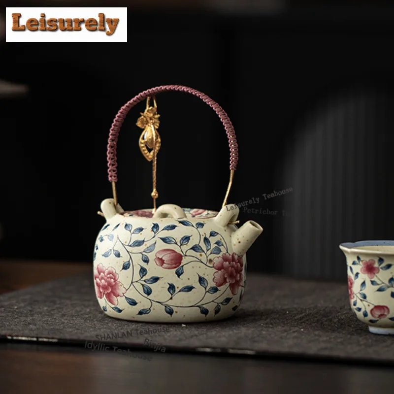 220ML Caramel Glaze Peony Lifting Handle Teapot Antique Tea Infuser Pot Tea Soaking Kettle With Ball Hole Teaware Decoration