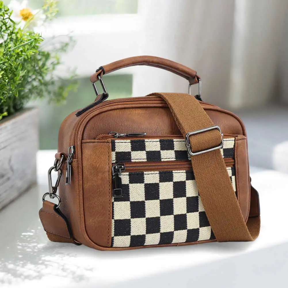 PU Checkered Tote Bag Zipper Closure Stylish Crossbody