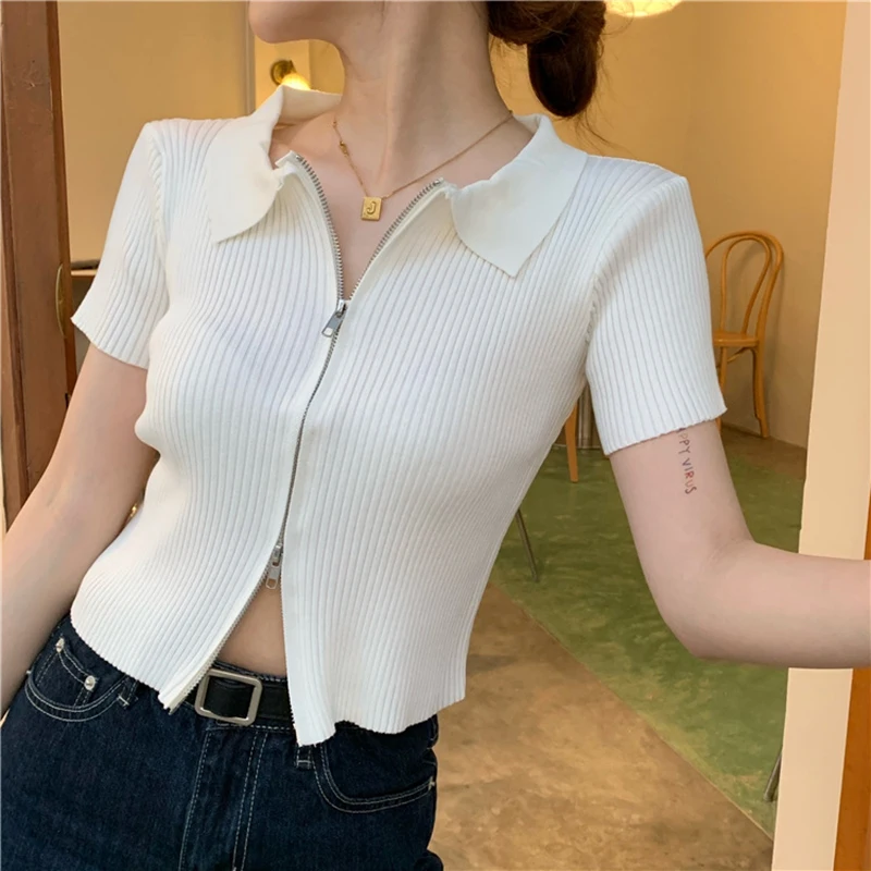 

Women Cardigan Korean Style Rib Knitted Texture Sweater Cropped Tops Zip-up Slim Fitting All-match Casual Chic Ins Clothes