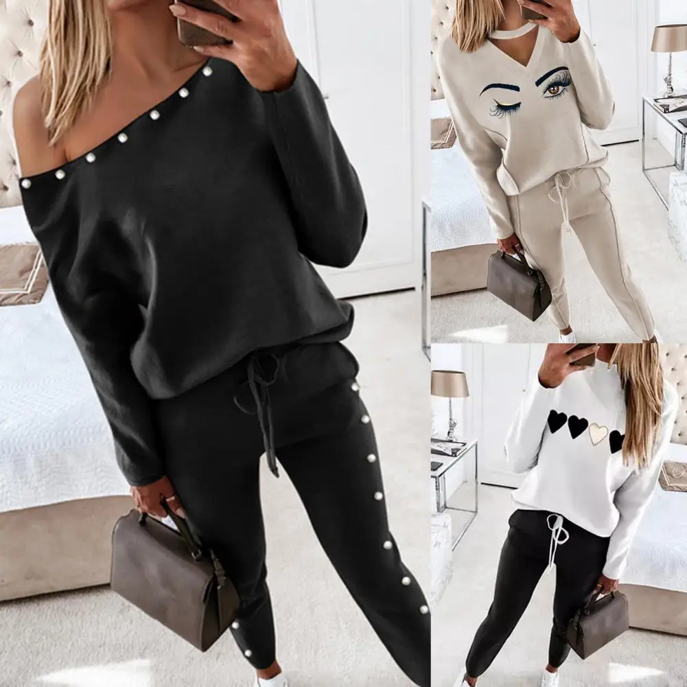 Women Tracksuit Set Eye Print Ankle Banded Pants V-Neck Blouse Two Piece Heart Print Beads Decor Sweatshirt Pants Set Streetwear lola анальная цепочка heart s beads