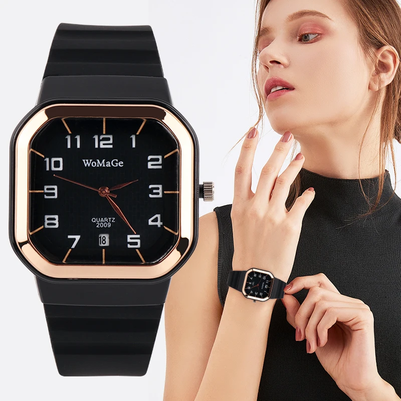 

Womens Watch Simple Silicone Strap Womage Fashion Quartz Rectangle Dial Watches Ladies Casual Female Clock montre femme saati
