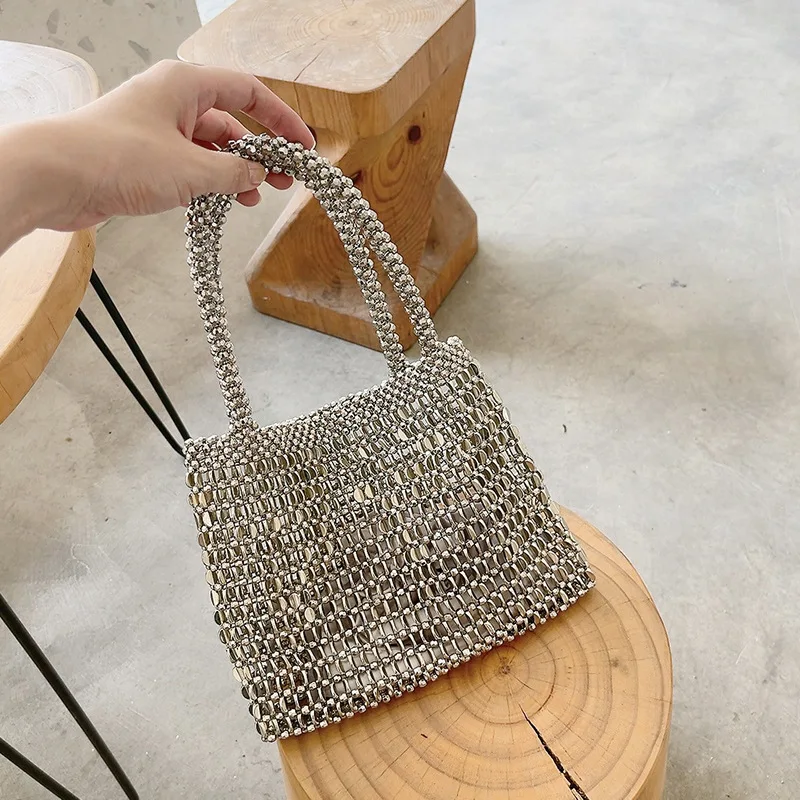 

Hollow Metallic Shoulder Bag Handmade Beading Handbags Fashion Chains Woven Bags for Women 2023 Ladies Shiny Evening Clutch Tote