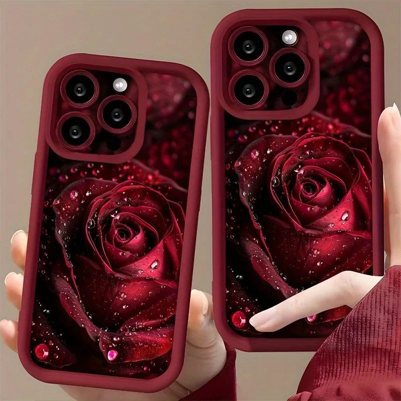 Wine Red Raindrop Rose Pattern High-Quality Durable Phone Case, Suitable for iPhone 17, 16, 15, Plus, Pro, Max Series Phones - Ideal for Gifting