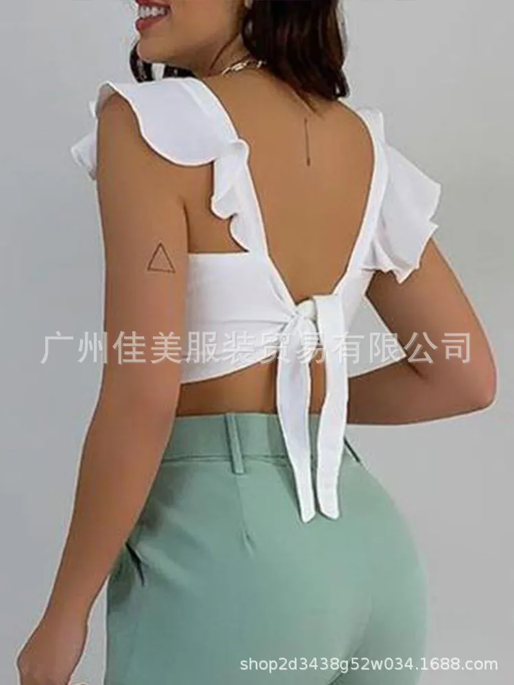 Set Woman Two Pieces 2024 New Summer Sexy Backless Bow Sleeveless Crop Top and Fashionable Ladies Office Pencil Pants Sets