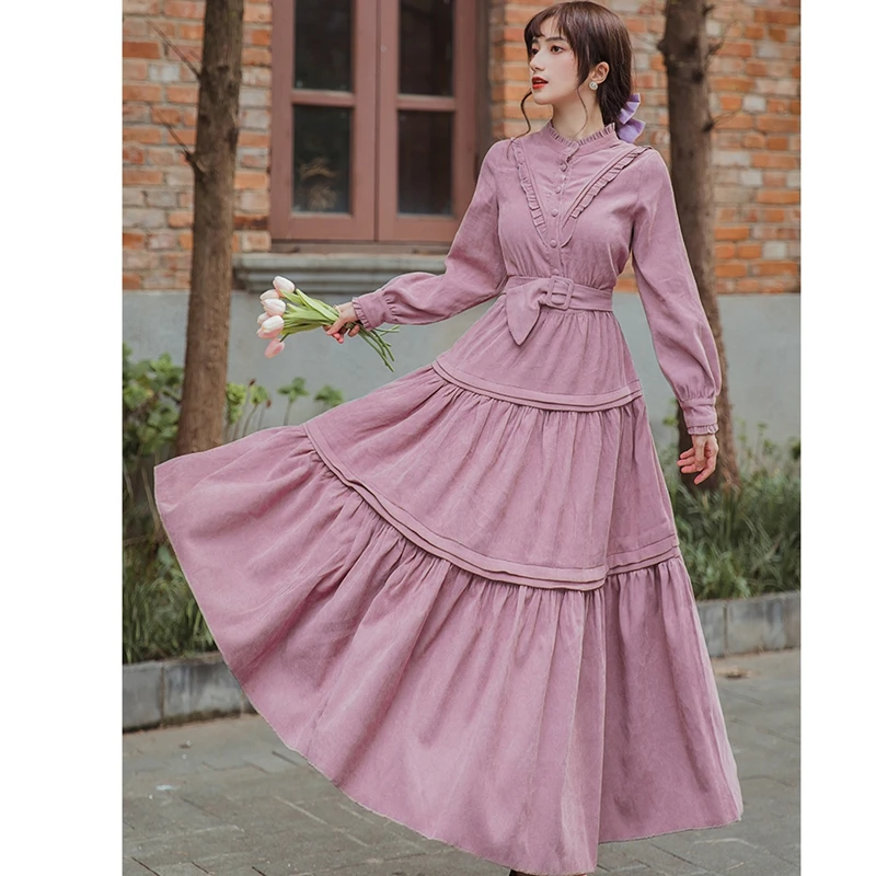 

2022 Autumn Winter Retro Purple Corduroy Dress Literature Big Pendulum Buttons Belt Free Shipping