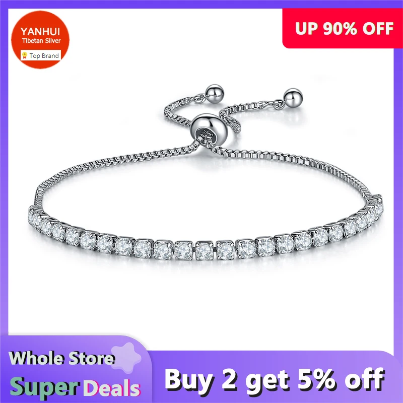 Allergy Free White Tibetan Silver Round Zircon CZ Beads Link Tennis Bracelet with Box Chain Adjustable Size HB76